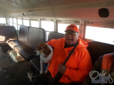 Man sitting on bus with hunting beagle