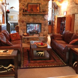 Living space with fireplace at Lake Oahe