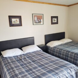 A room with two twin beds covered in blue plaid bedding, a nightstand between them, and three framed pictures on the wall above.